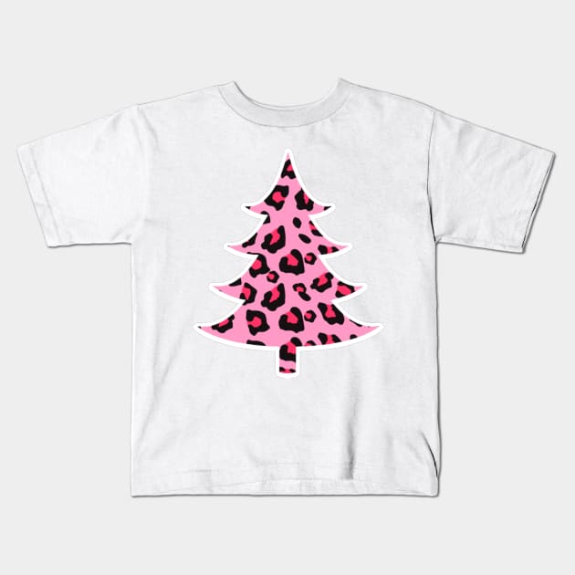 Pink Leopard Print Christmas Tree Kids T-Shirt by Budwood Designs